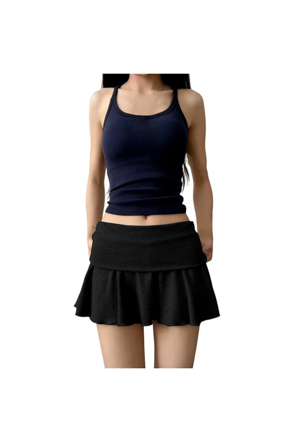 Fold Over Shorts Skirt Low Waist Pleated Skirts Strechy Elastic Waisted Cute Shorts for Women Girl Y2k Black M