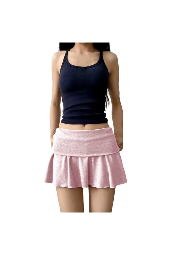 Fold Over Shorts Skirt Low Waist Pleated Skirts Strechy Elastic Waisted Cute Shorts for Women Girl Y2k Pink S
