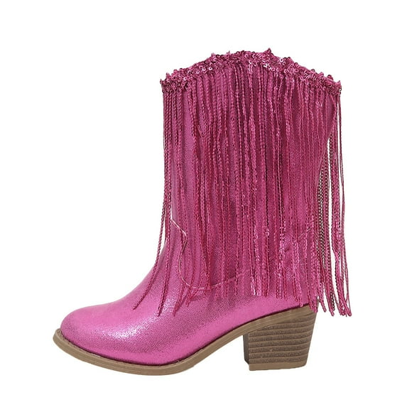 Aihuaihua Girl's Cowgirl Boots Cowboy Fringe Western Boots Heel Tassel Sequin Mid Calf Boots Kids Pointed Toe Riding Shoes Princess Boots