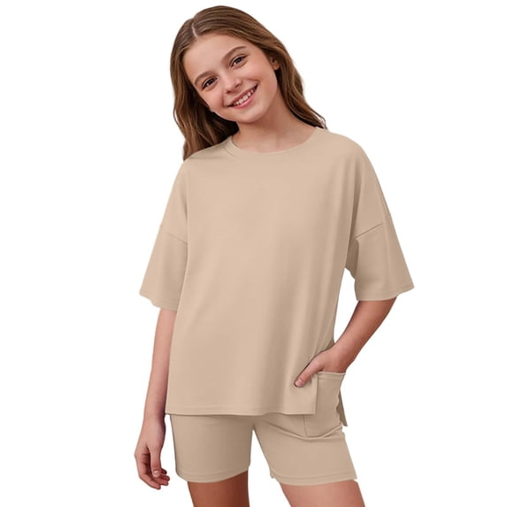 Aihuaihua Girls 2 Piece Short Set Kids Summer Outfit for Girl Oversized Tees and Bike Shorts Short Sleeve T-shirt Elastic Waist Tight Shorts Pants with Pocket 5-14Y Khaki