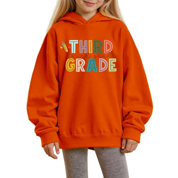Aihuaihua Girls Back to School Hoodies Third Grade Print Preppy Sweatshirt Oversized Hooded Sweatshirt Pullover Tops Cute School Uniform for Girls 1-14 Years 90 Orange