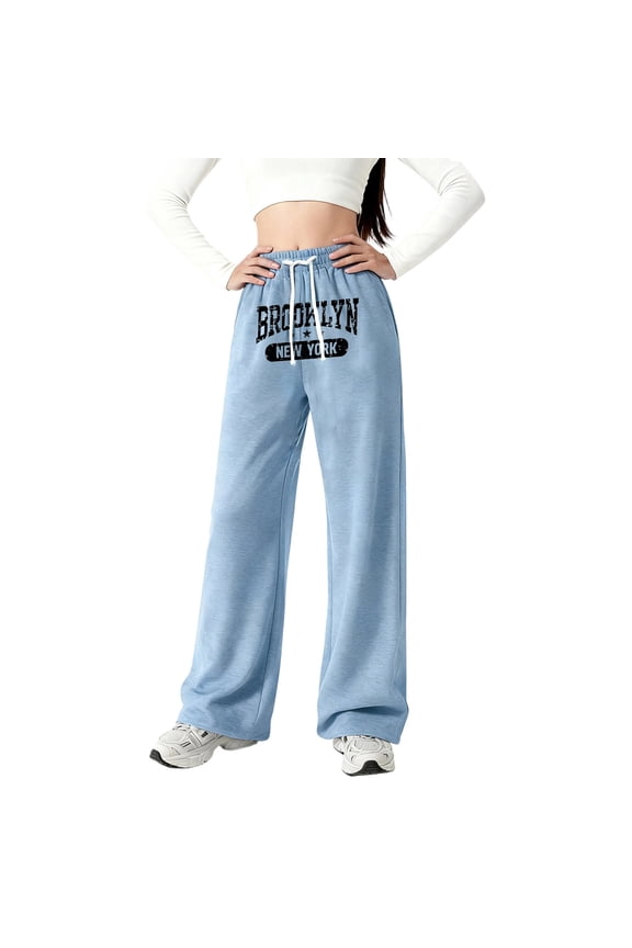 Girls Baggy Sweatpants Brooklyn Letter Print Wide Leg Sweat Pants Elastic Drawstring High Waist Lounge Athletic Pants with Pockets 4-16Y Blue
