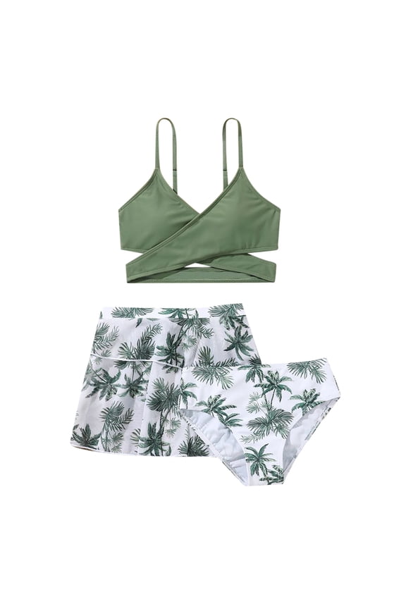 Girls Bathing Suit Set for Outdoor Beach Holiday Carry Cover Ups Floral Print Three Piece Swimwear for Kids Ages 8-14 with Adjustable Straps and Comfort