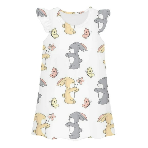 Aihuaihua Girls Easter Pajamas Size 7 Flutter Sleeve Cartoon Bunny Comfortable Nightgown Princess Pajamas for Little Girls,4-5Y