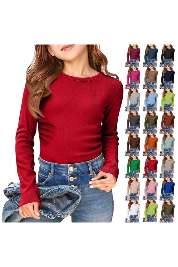 Girls Long Sleeve Shirts size 6 Crewneck Stretchy Slim Fit Tops Ribbed Knit Casual Tee Shirt 3-14 Years
