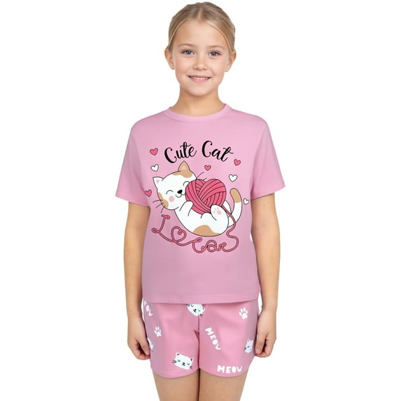 Aihuaihua Girls Outfits Size 6 Cartoon Print Short Sleeve Tee and Shorts Round Neck Casual Streetwear Short Sleeve Set Outdoor Casual Clothes