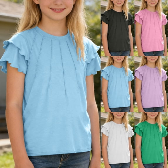 Aihuaihua Girls Pleated Ruffle Short Sleeve Shirts Kids Summer Crewneck T-Shirts Solid Color Fashion Tops Tees Age for 5-12 Years Black 7-8 Years