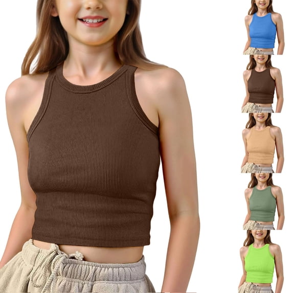Aihuaihua Girls Ribbed Tank Tops Sleeveless Crop Tops Shirts Workout Gym Undershirts for Kids 5-15 Years Summer Clothes Yellow 8-11 Years