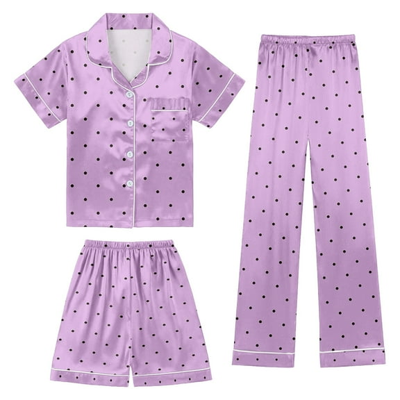 Aihuaihua Girls Slik Satin Pajamas Short Sleeve Long Pants and Shorts 3 Piece Teen Girls Cute Graphic Pjs Button Down Outfit with Pockets Loung Sets Sleepwear