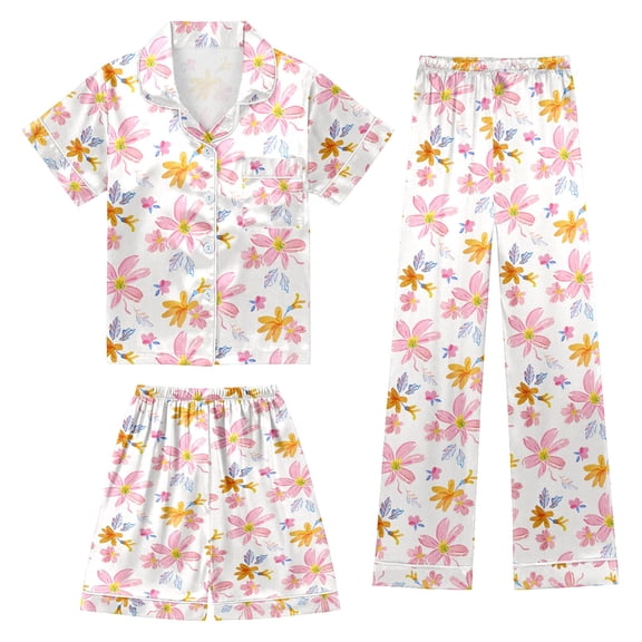 Aihuaihua Girls Slik Satin Pajamas Short Sleeve Long Pants and Shorts 3 Piece Teen Girls Cute Graphic Pjs Button Down Outfit with Pockets Loung Sets Sleepwear