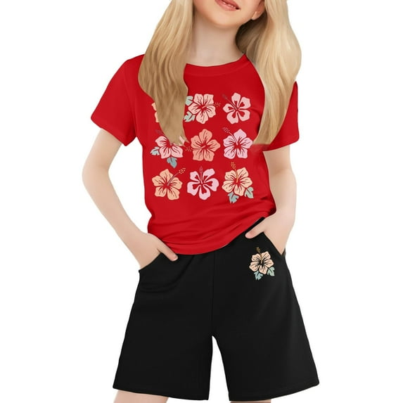 Aihuaihua Girls Summer Outfits Size 6 Letter Print Short Sleeve Tee and Shorts Crew Neck Comfy Streetwear 2-Piece Set Preppy Clothes