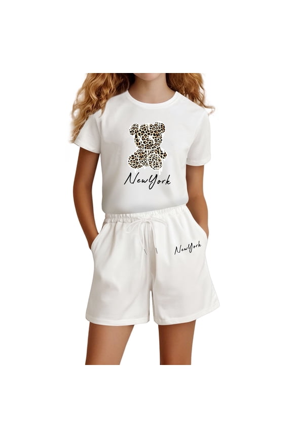 Girls Summer Outfits Size 8 Cute Print Shorts Sleeve Tracksuit Round Neck Loose Shorts Beach Playwear Outfits Preppy Clothes