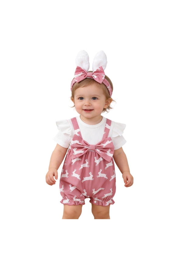 Girls Summer Romper Jumpsuit Featuring Adorable Bunny Print and Delicate Flutter Sleeves with Matching Headband Cute Toddler Play Outfit Toddler Easter outfit bundle
