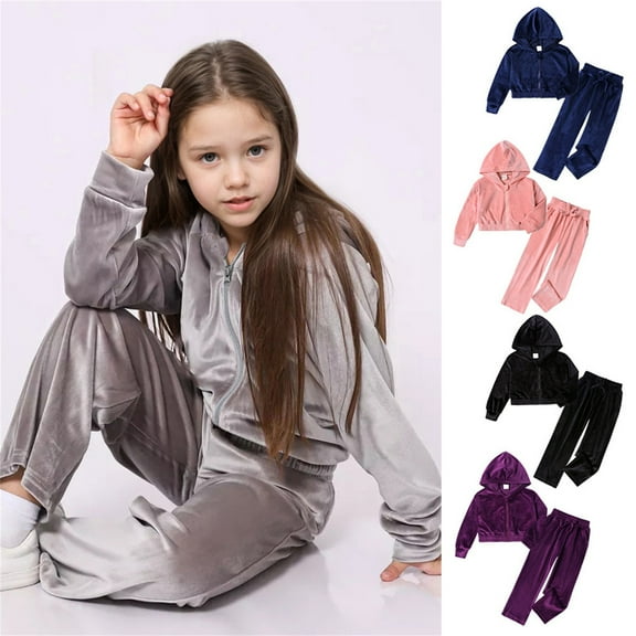 Aihuaihua Girls Velour Tracksuits 2 Piece Outfits Zip Up Hoodie and Jogger Sweatpant Sweatsuits Athletic Clothing Sets Casual Girls Lounge Set