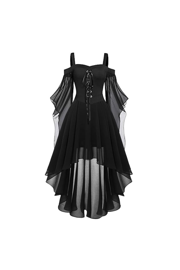 Halloween Womens Gothic Witch Dress Plus Size Renaissance Vintage Maxi Dress Long Sleeve Splicing Solid Retro Gown Button Irregular Dress for Theme Party