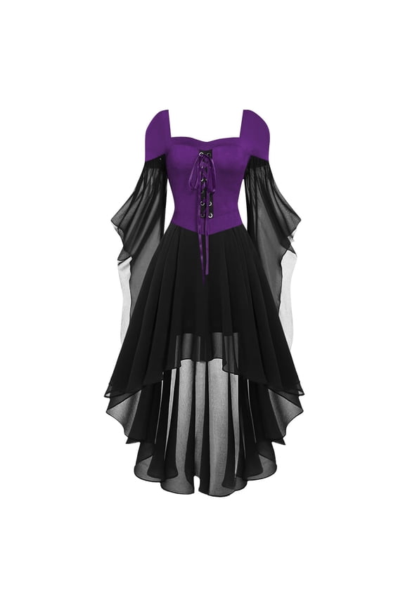 Halloween Womens Gothic Witch Dress Plus Size Renaissance Vintage Maxi Dress Long Sleeve Splicing Solid Retro Gown Button Irregular Dress for Theme Party