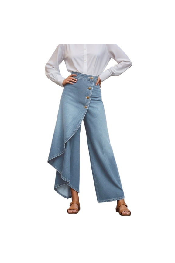 High Waisted Wide Leg Wrap Skirted Jeans for Women Button Front Asymmetrical Denim Pants Side Split Slit Casual Trousers 2026 Trendy XXL