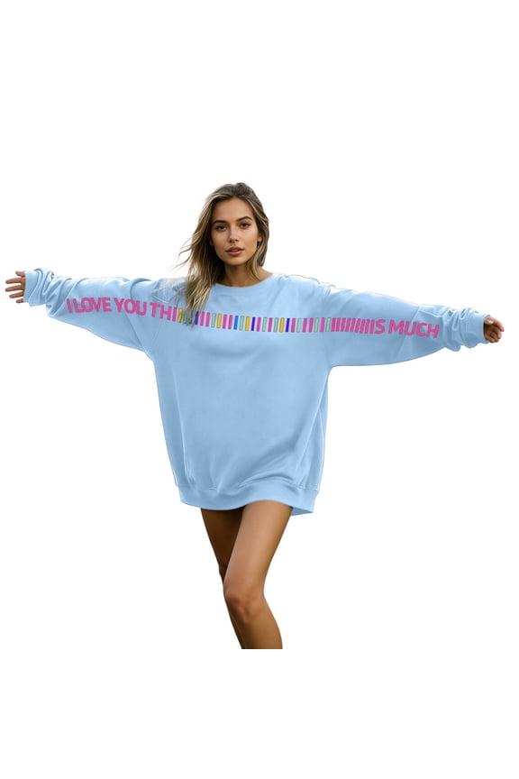 I Love You This Much Sweatshirt Unisex, Letter Across Sleeves Sweatshirt Crew Neck Pullover Oversized Tops for Couples Family Hug Shirt Gifts for Women