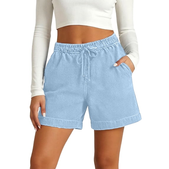 Aihuaihua Jean Shorts Womens Stretchy High Waisted Lightweight Summer Casual Loose Pull on Trendy Drawstring Denim Shorts Light Blue S