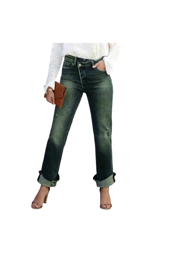 Jeans for Women Trendy High Waisted Corssover Boyfriend Jeans Distressed Stretchy Slim Fit Denim Pants Gold XS