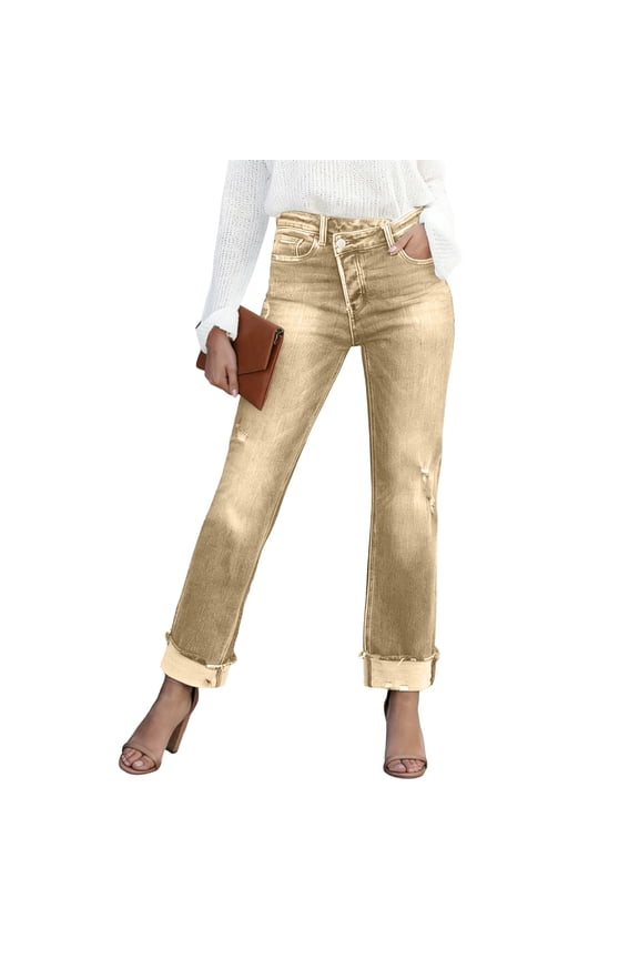 Jeans for Women Trendy High Waisted Corssover Boyfriend Jeans Distressed Stretchy Slim Fit Denim Pants Yellow XS