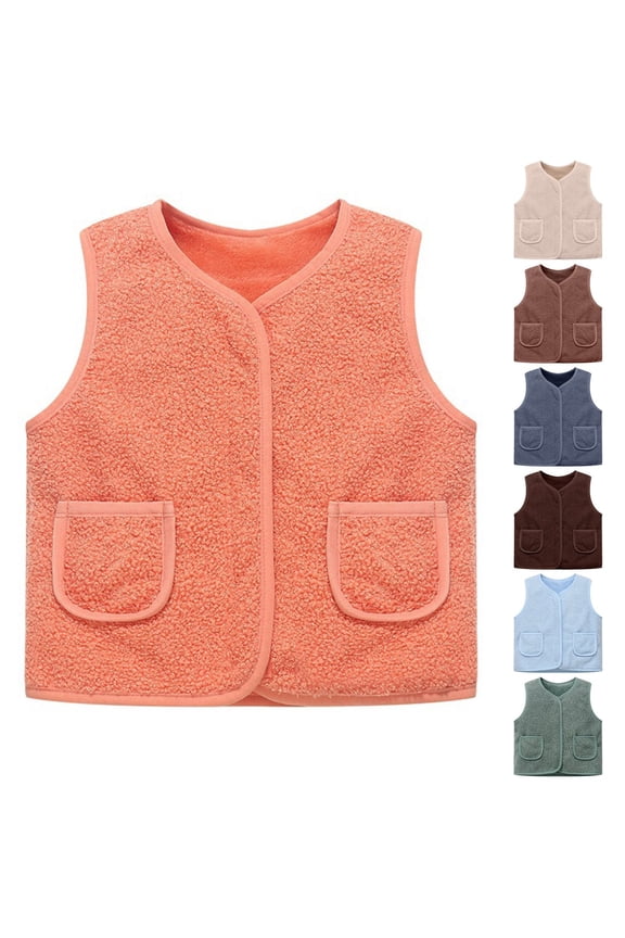 Kids Boys Girls Sherpa Vest Button Down Sleeveless Lightweight Jacket Winter Warm Soft Pocket Waistcoat