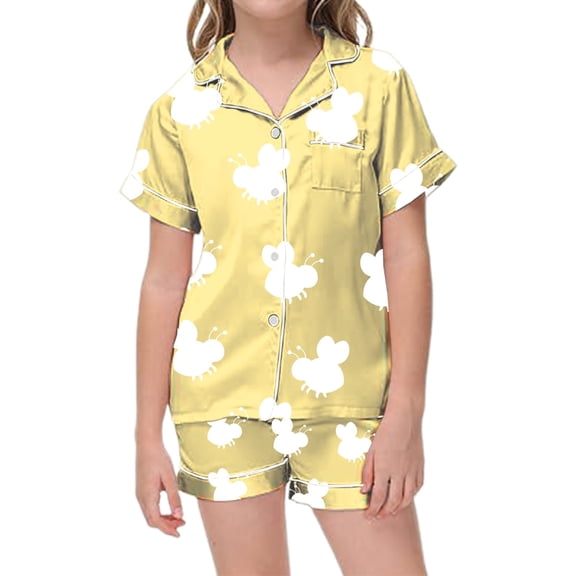 Aihuaihua Kids Silk Pajamas Girls 5t Cute Print Shirt and Pant Casual Sleepwear with Pockets Button Down Soft Home Outfit Set,110