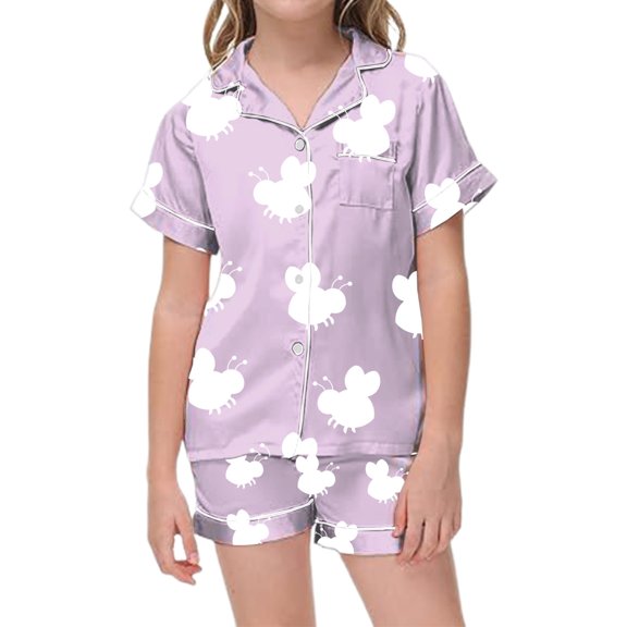 Aihuaihua Kids Silk Pajamas Girls Button-Up Short Sleeve Pjs Silk Tops and Shorts Soft Cute Bow Print 2 Piece Summer Pajama,160
