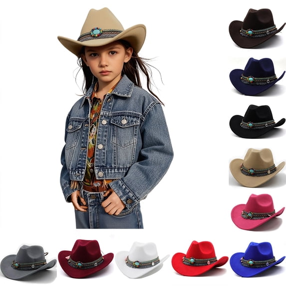 Aihuaihua Kids Western Cowboy Hat Retro Felt Hats Curved Brim Country Hats for Boys and Girls Jazz Cowgirl Tassel Knight Hats Ethnic Style Khaki