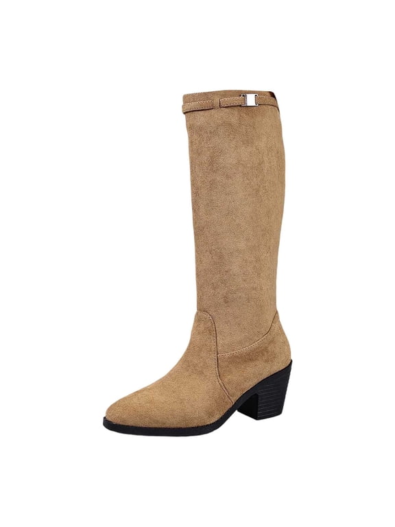 Knee High Boots Women Leather Elastic Boots Low Heel Square Toe Fall Long Tall Boots for Women