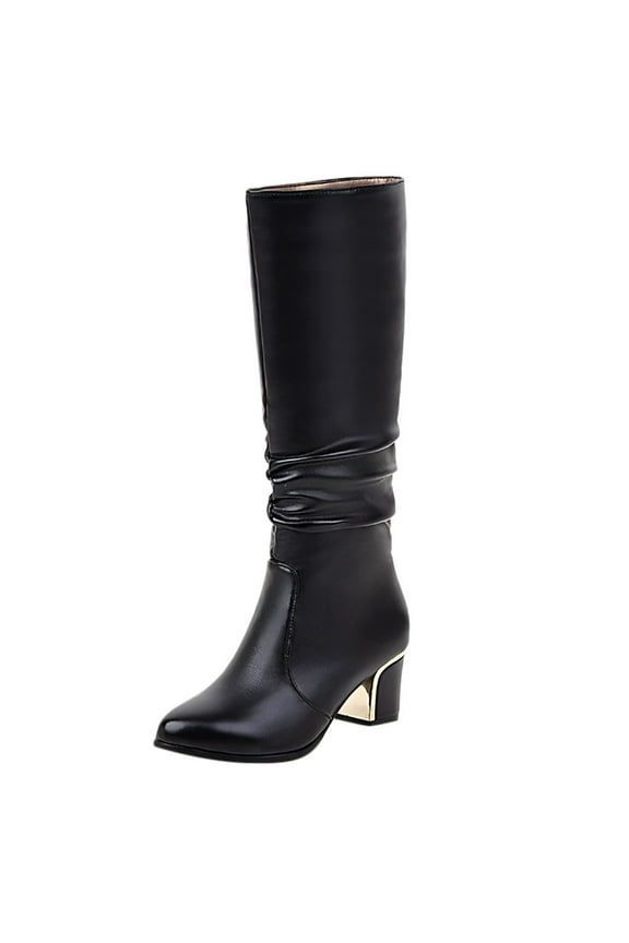 Knee High Boots For Women Ladies Fashion Casual Leather PU Round Toe Block Mid Heels Dress Pump Knee Length Boots Dressy Mid Calf Riding Tall Boots for Wedding Party