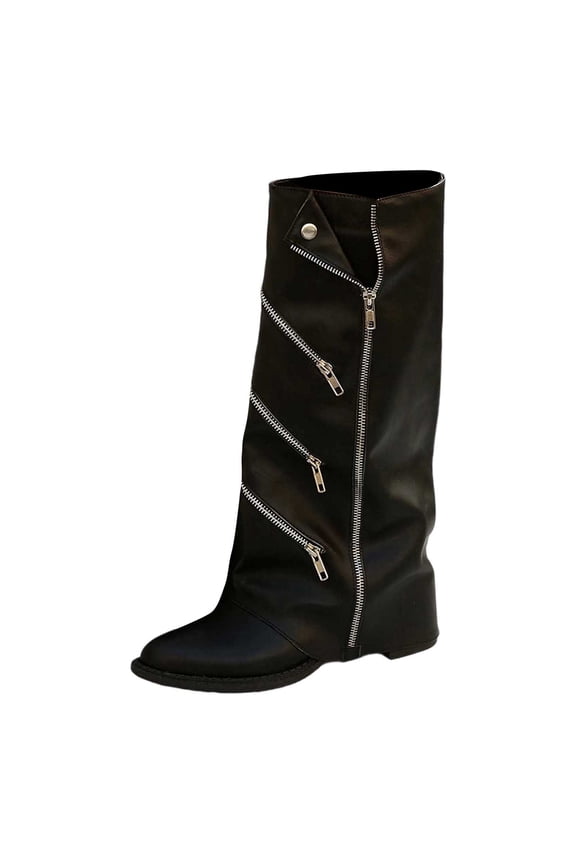 Knee Higt Boots Women, Fold Over Boots for Women Wide Calf Knee High Foldover Boots Chunky Side Zipper Western Knee High Boots with Multiple Zippers Black Boots