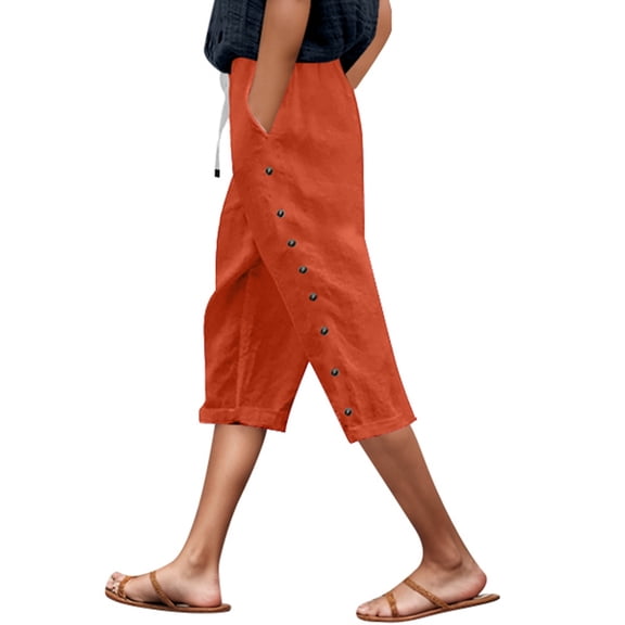 Aihuaihua Linen Capri Pants for Women Side Button Tear Away Pants Post Surgery Elastic Waist Loose Fit Drawstring Summer Beach Outfits Orange S