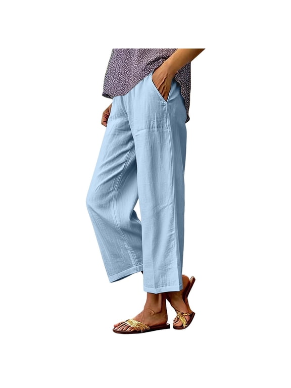 Linen Pants Women Petite Ankle Length Straight Leg Cropped Pant Summer Elastic Waist Lightweight Casual Trousers With Pockets Blue L