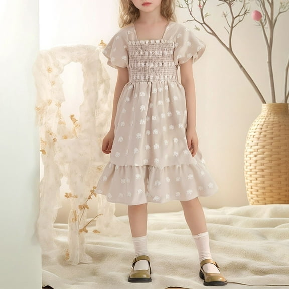 Aihuaihua Little Girls Dresses Short Sleeve Summer A-Line Dresses Kids Polka Dot For Casual Crewneck Outdoor Play Party Dress Beige,100
