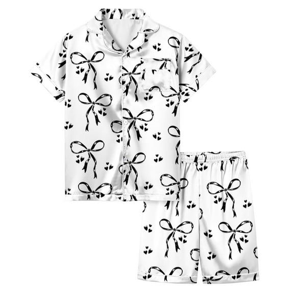 Aihuaihua Little Girls Silk Pajamas Set Cute Bow Print Short Sleeve Top with Shorts Button Down Comfy Girls' Sleepwear,120