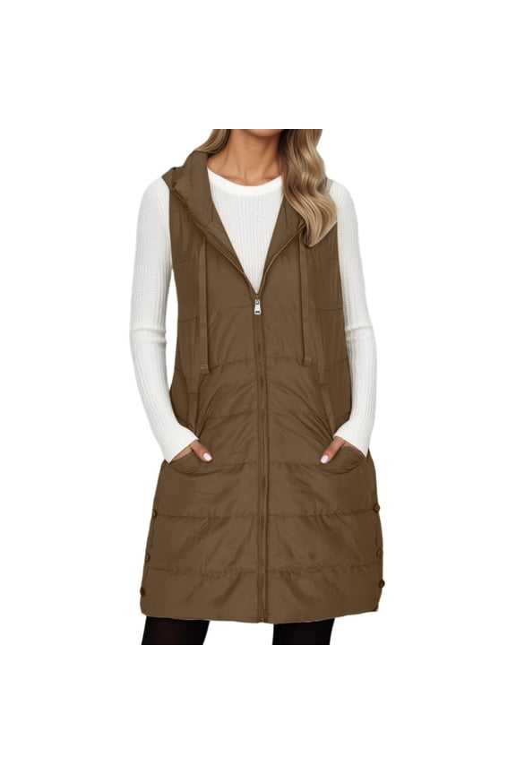 Long Puffer Vest Women Quilted Padded Warm Coat Puffy Outwear Button Down Zip Up Sleeveless Vests Fall Winter Hooded Jackets with Pocket
