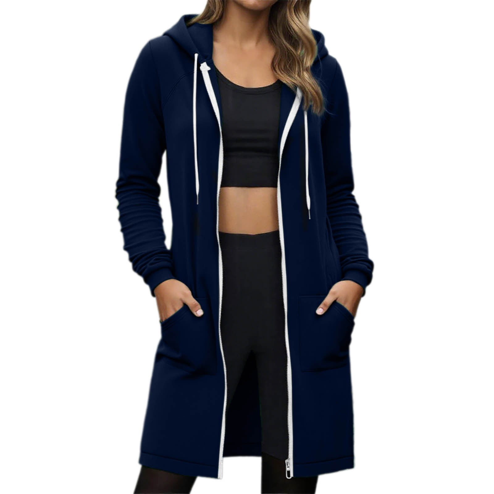Drawstring Zip Up Long Sleeve Hooded Winter Coat main image 0