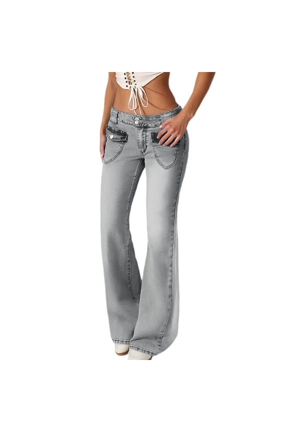 Low Rise Button Fly Bootcut Denim Jeans Women - Lifting Curvy Stretchy Denim Pants - Petite Midsize Plussize Oversize Grey M
