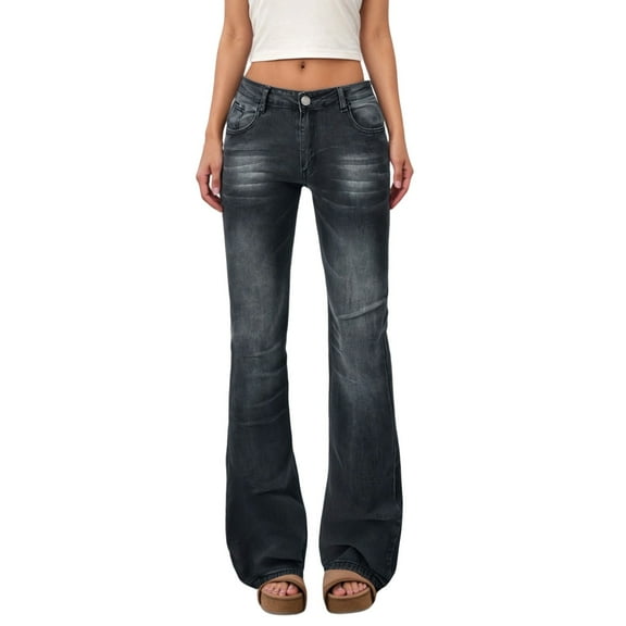 Aihuaihua Low Rise Flare Jeans for Women Baggy Y2K Stretchy Bell Bottom Denim Pants 90s Vintage Washed Jeans with Pockets Black XXL