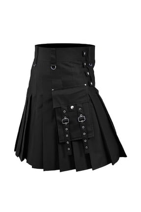 Men's Black Utility Kilt Scottish Modern Gothic Kilts Traditional Highland Solid Pleated Skirt with Cargo with Pockets