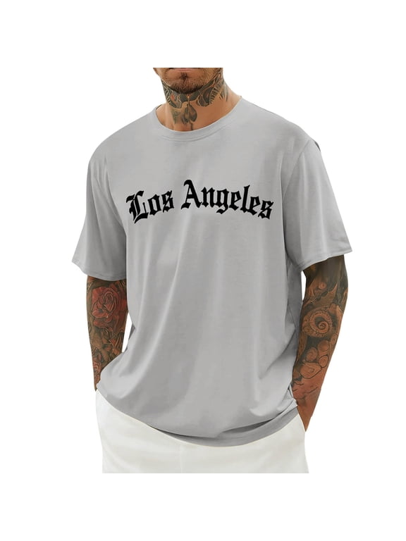 Men's Gym Shirts Crew Neck Short Sleeve Spring Los Angeles Print Shirt Slim Version Mens Preppy Clothes Light Gray M