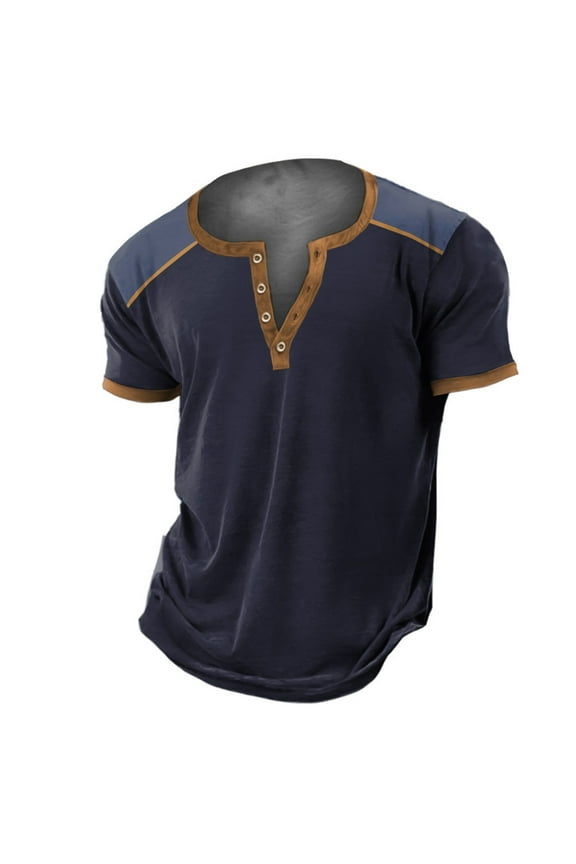 Men's Shirts Pack Henley Short Sleeve Daily Wear Solid Classic Tee Slim Version Young Mens Clothes Navy XL
