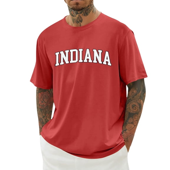 Aihuaihua Men's T Shirts Crew Neck Short Sleeve Indiana Print Men's Casual Shirt Casual Work Clothes for Men Red XXXL