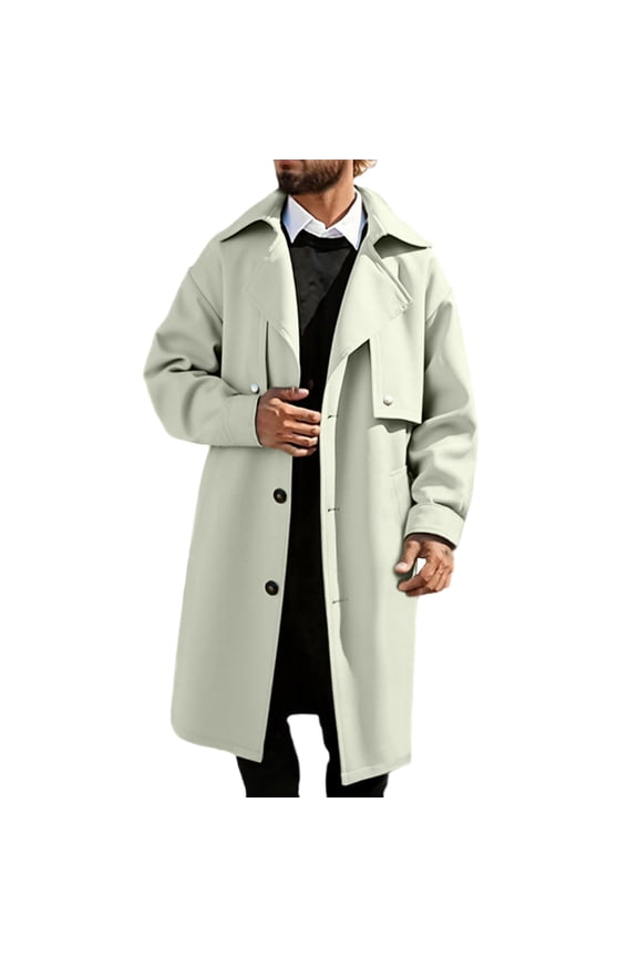 Men's Trench Coat Lapel Collared Winter Loose Single Mid-Long Youth Casual Trench Overcoat for Men Light Green M