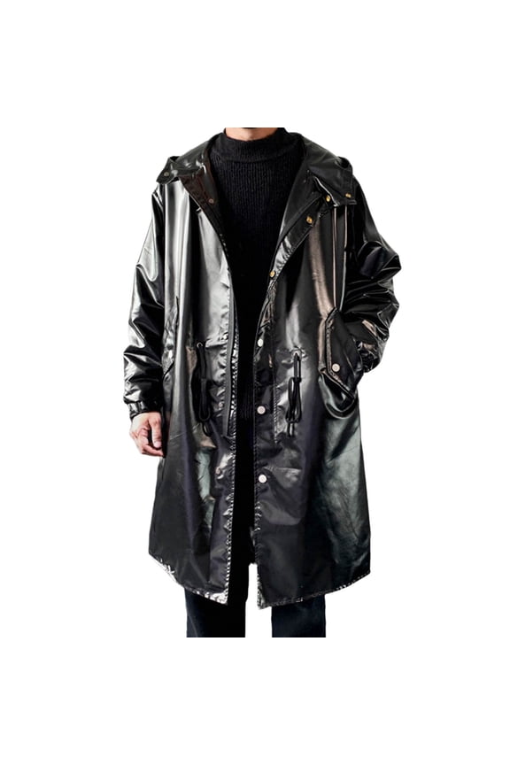 Men's Windbreaker Jacket with Hood Long Waterproof Anorak Lightweight Long Reflective Stage Performance Trench Coat Outerwear Evening Show Outdoor Hiking Jackets Black M