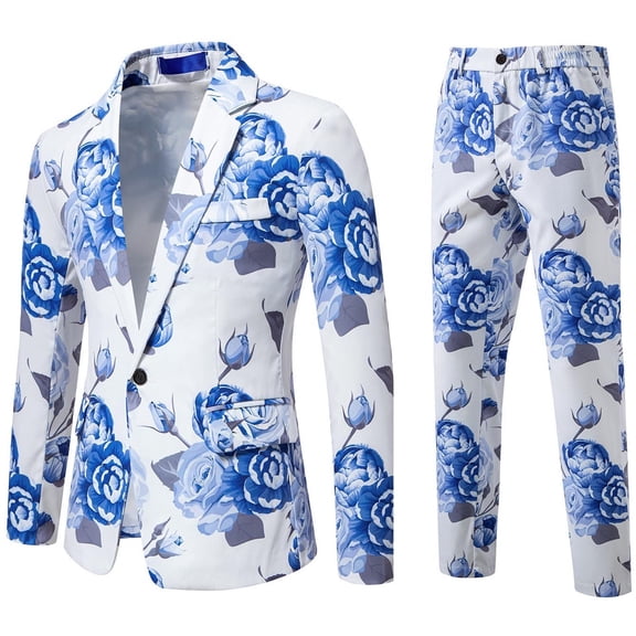 Aihuaihua Mens 2 Piece Floral Dress Suit, Pattern Print Party Prom Tuxedo Suit Jacket Pants Set, Wedding Blazer Pants Sets Blue L