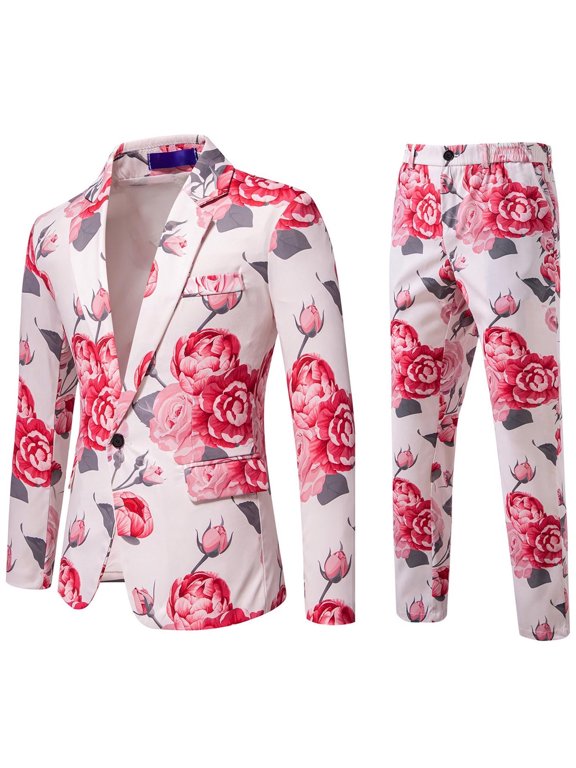 Mens 2 Piece Floral Dress Suit, Pattern Print Party Prom Tuxedo Suit Jacket Pants Set, Wedding Blazer Pants Sets Pink S