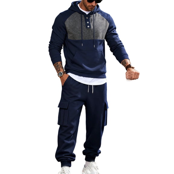 Aihuaihua Mens Classic 2 Piece Set Sweatsuits Long Sleeve Hoodie Jogging Suits For Men Button Sweatshirts Tracksuits Navy M