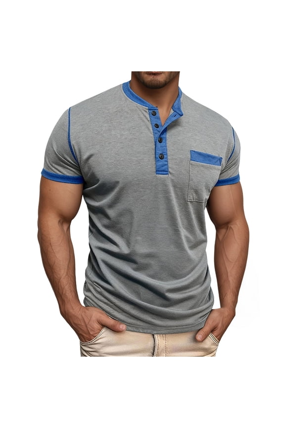 Mens Gym Shirt Henley Short Sleeve Regular Fit Solid Color Shirt Street Style Mens Preppy Clothes GY2 S